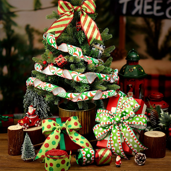 4 Ruller 2,5 Tommer Bredt Trådforstærket Julebånd med Grøn og Rød Glitterstribe, Polka Dot og Trådforstærket Kant - Perfekt til Julekrans, Bo (FMY) 4pcs