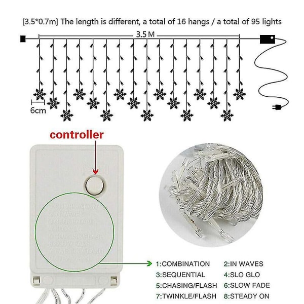 3,5 m snøfnugg LED-lyskjede gardin blinkende fe lys girlander vinterfest Tangrui (FMY) warm white