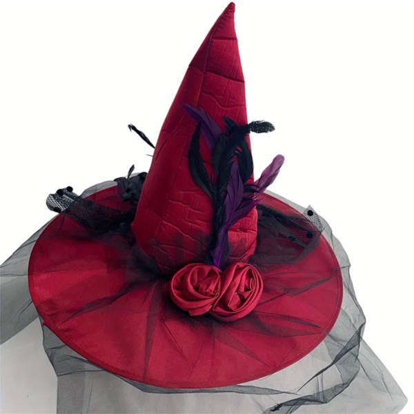 1 st Halloween-hatt i klassisk röd blommig häxhatt med fjädrar och nät för fest, cosplay, kostymtillbehör (FMY) (39 x 49 cm) Red 15.35*19.29inches