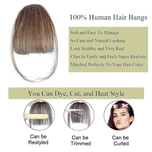 Luggs Hårklipp, 100% Äkta Mänskligt Hår, Tunna Luggs, Clip-on Luftluggs för Kvinnor, Böjda Luggs (FMY) Medium Brown