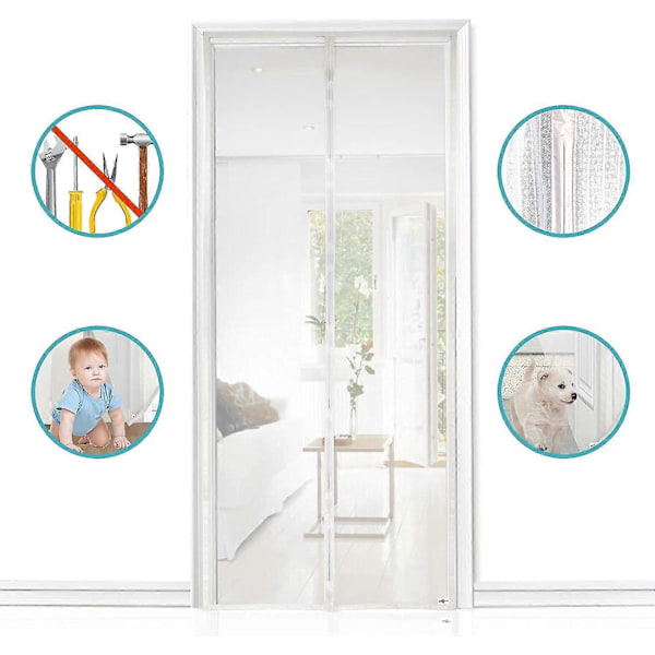 Myggnät Magnetisk Dörr 120x210 cm (47x83 tum) Myggnätsgardin Självstängande Flugnät, Vit (FMY)