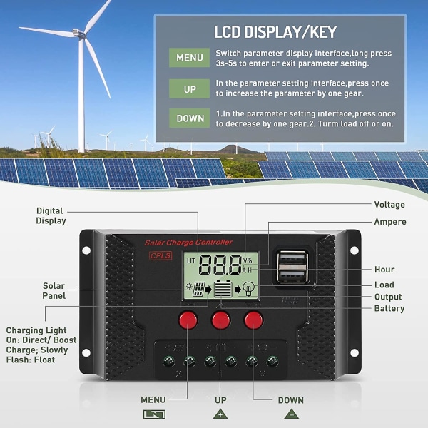 20a ladekontroller solcellepanel laderegulator automatisk identifikasjon 12v/24v med LCD-skjerm og 5v usb-port