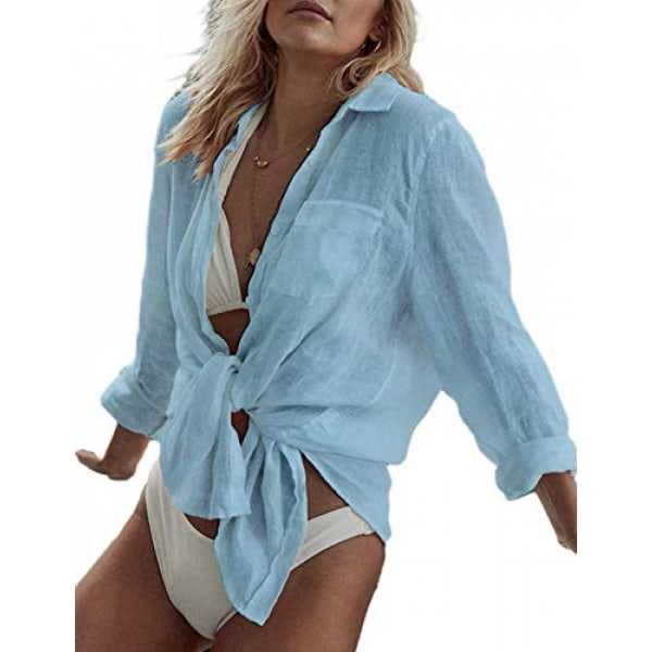 Langermet strandskjortebluser for kvinner Turn Down Krage Badedrakt Cover Ups, G-lyseblå (FMY)