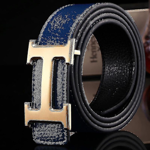 Ny Stil Business Fritid Ægte Pu Læder H Glat Spænde Litchi Korn Bælte Til Mænd V  (FMY) Blue gold buckle