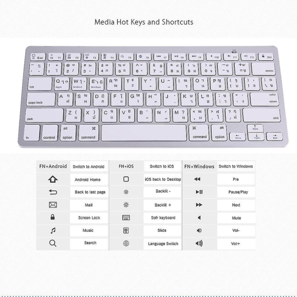 Thailand Engelsk Thai 78 taster Trådløst Bluetooth-kompatibelt tastatur til I-pad Laptop Mac-book Tablet Pc Mobiltelefon (FMY)
