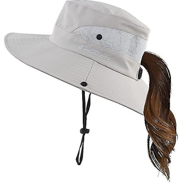 Dam sommar solhatt bred brätte utomhus UV-skydd hatt hopfällbar hästsvans hink keps för strand fiske vandring  (FMY) Pure Beige