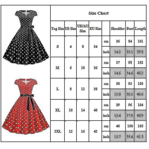 Dam Polka Dot Hepburn Retro 50-tal 60-tal Rockabilly Evening Party Swing Midiklänning (FMY) Red 2XL