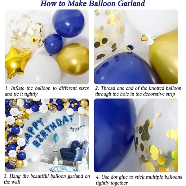 Kongeblå gullballonger Garland Arch Kit, kongeblå metallisk gull hvite ballonger med stjerne folieballonger for konfirmasjonsbursdag babydusj (FMY)