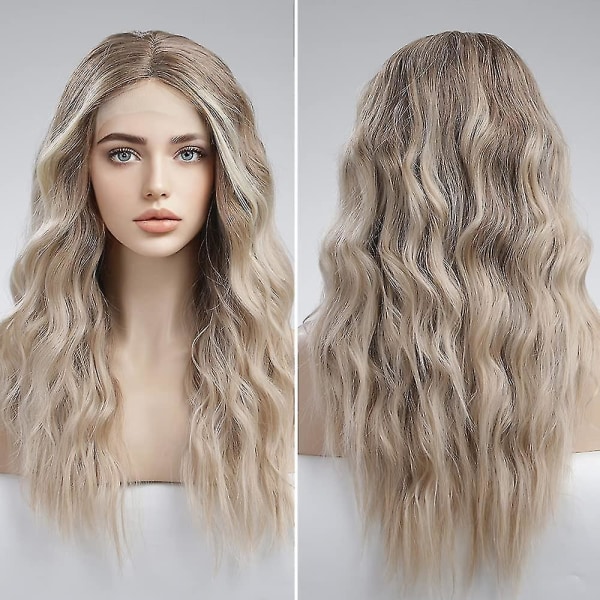 Lång Ombre Blond Lace Front Peruk för Kvinnor Naturligt Vågig Daglig Hårsyntetisk Lace Peruk (FMY)