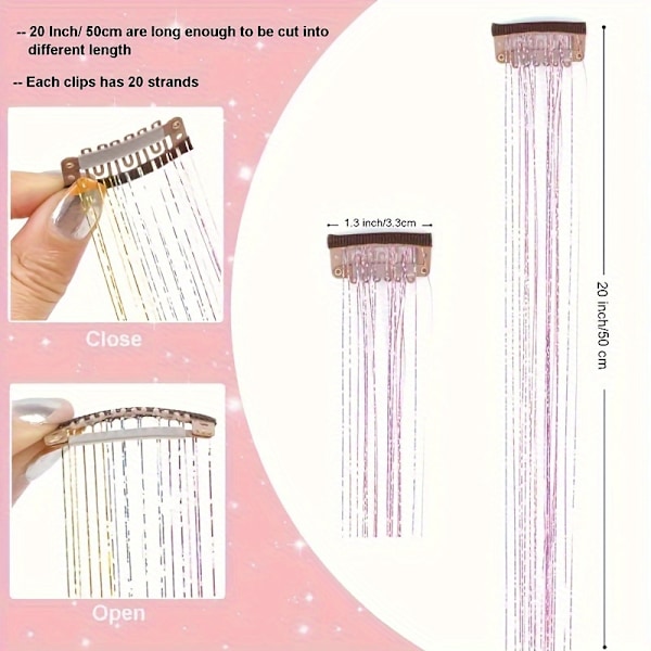 12 st Glitterande Hårglitter Clip-In Extensions - Glittriga Håraccessoarer för Kvinnor - 19,6 tum Långa, Syntetiska, Värmebeständiga, Glittersträngar (FMY) Golden 20inch