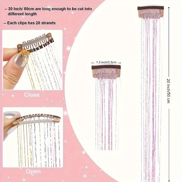 12 stk. Glimrende Hår Tinsel Klipp-Inn Extensions - Glitrende Hårtilbehør for Kvinner - 19,6 tommer Lang, Syntetisk, Varmebestandig, Glitter Str (FMY) Rainbow 20inch