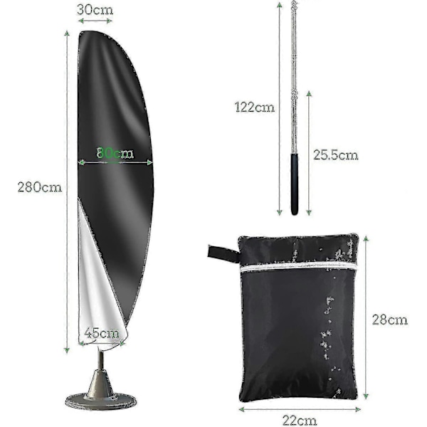 Parasolovertræk 3m 4m med lynlås 1,4m lang med teleskopstang 280x30/80/45cm. (FMY)
