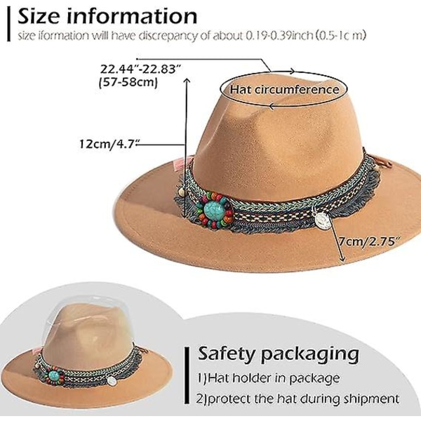 Fedora-hatte i filt for kvinner, panamahatter med vid brems med dusk (FMY)