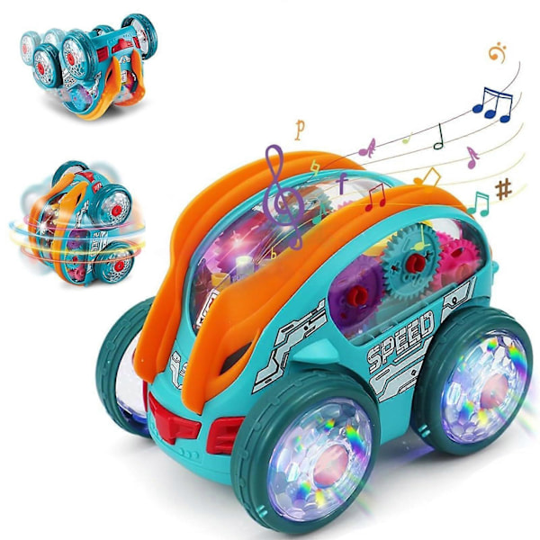 Läpinäkyvä vaihteistoauto valoilla ja musiikilla - Valolla varustettu ryömintälelu lapsille pojille ja tytöille, Bump & Go -kilpa-auto liikkuvilla vaihteilla (FMY) 388 68