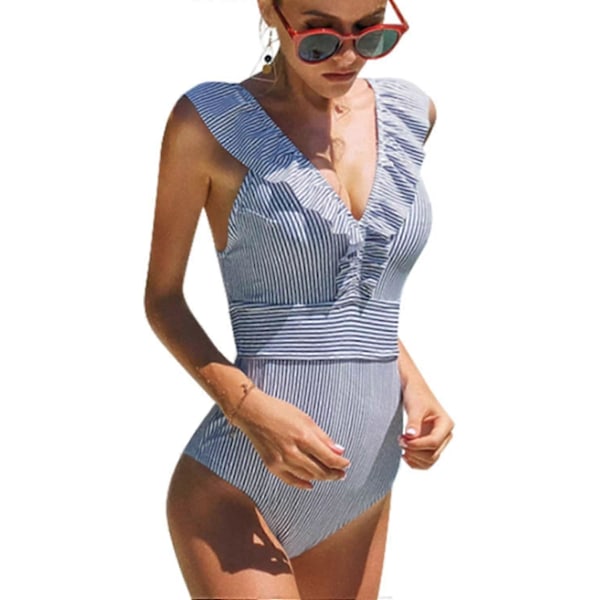 Badetøj til kvinder, ét stykke, med flæser, monokini, push up, mavekontrol, vintage, stribet (FMY) Blue L