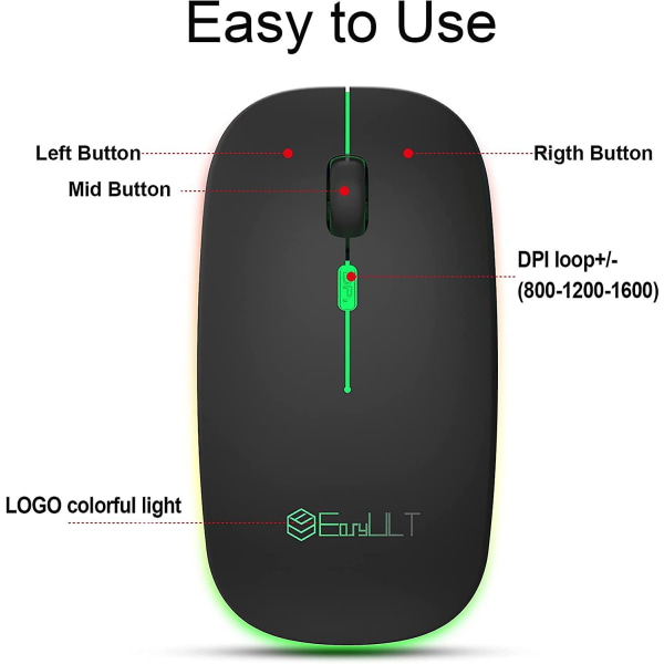 Trådlös mus, 2,4 g uppladdningsbar tyst Bluetooth mus, två lägen (bt 5,1+2,4 g trådlös), Dpi 800/1200/1600 justerbar, med USB kabel, trådlös mus
