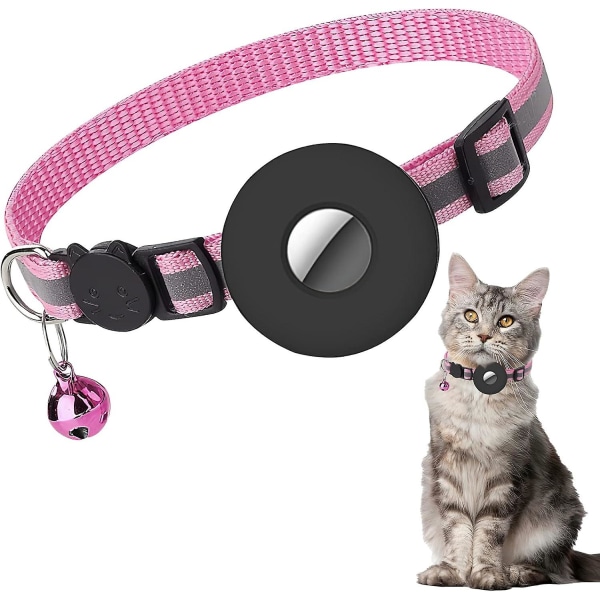 Lämplig för AirTag katthalsband, reflekterande katthalsband med klocka och säkerhetsspänne, med vattentät AirTag hållare Justerbar 22-35cm (rosa) (FMY)