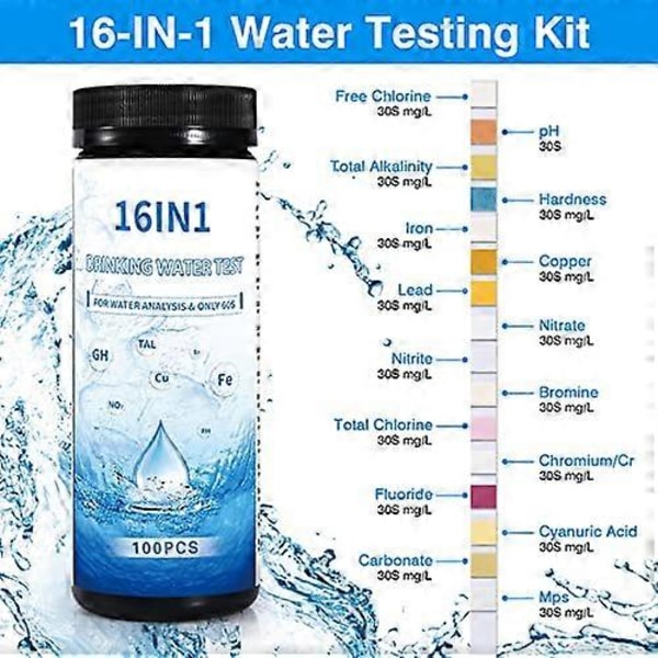 16 i 1 Drikkevand Test Kit 100PCS Vand Test Kit til Drikkevand Brønd Vandhane Hjem Vandkvalitet Test Strips til Bly PH Klor Har (FMY)