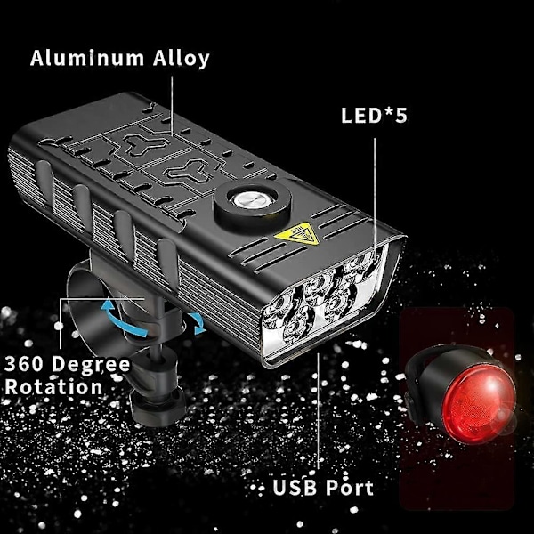 7000 Lumenin tehokkaat pyöränvalot eteen ja taakse, 5 LED Super USB ladattava vedenpitävä pyöränvalo (FMY)