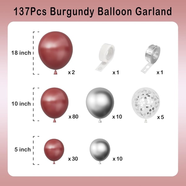 Burgundy Balloon Arch Garland Kit-metallisk Sølv Ballong Sølv Paljettballong Helium Latex Ballong 137stk For Wedding Valentines Day (FMY)