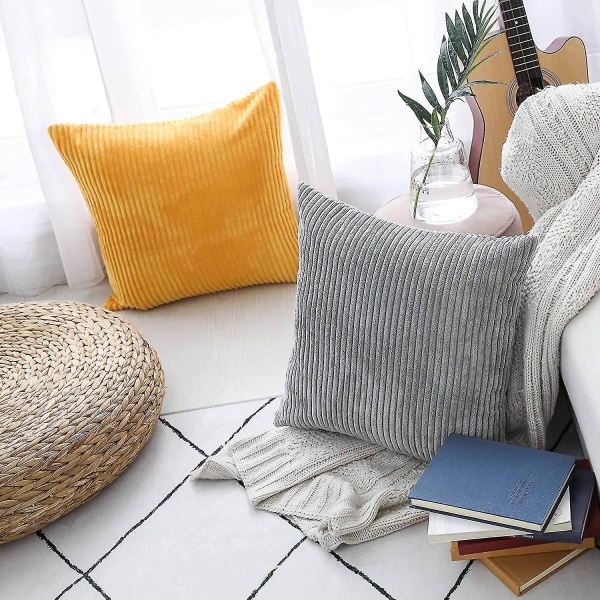 Gula kuddfodral 18x18 Supermjuka dekorativa randiga manchester senap Sängkuddar för soffa Set om 2, 45x45 cm, solrosgul (FMY)