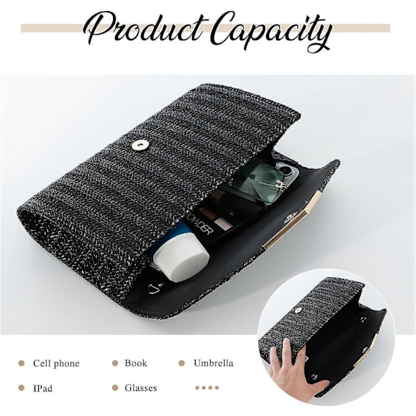 Stråväska Clutch Raffia Rattan Sommarväska Vävda Strandväskor för Kvinnor Bröllop Semester Resa Party 2024 (FMY) Black
