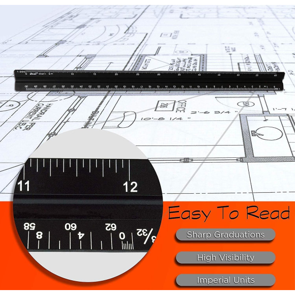 Arkitektonisk Skalstock, Aluminium Triangulär Skalstock Metrisk 1:20, 1:25, 1:50, 1:75, 1:100, 1:125 Standard 12 Tum (FMY)