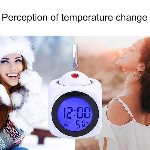 Multifunktionel Stemme-Talende LED-Display Tidsprojektion Termometer Vækkeur (FMY) White