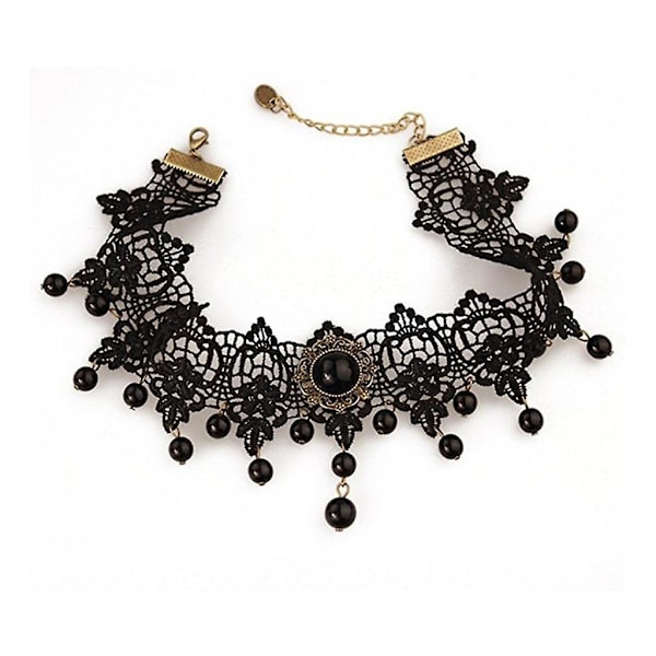 Gotisk Steampunk Blomst Svart Blonde Perler Anheng Krage Choker Halskjede for Kvinner (FMY) Black
