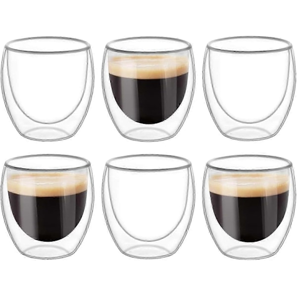 6 kpl Kaksoisseinäisiä Kuppeja Lasit Mukit, Kirkkaat Kaksoisseinäiset Kahvikupit, Kaksoisseinäiset, Cappuccino, Latte ja Eristetyt (80ml) - Yvan (FMY)