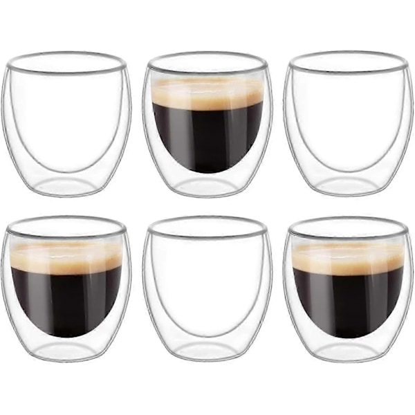 6 st Dubbelväggiga Koppar Glas Muggar, Klar Dubbelväggig Kaffe Koppar, Dubbelväggig, Cappuccino, Latte och Isolerad (80ml) - Yvan (FMY)