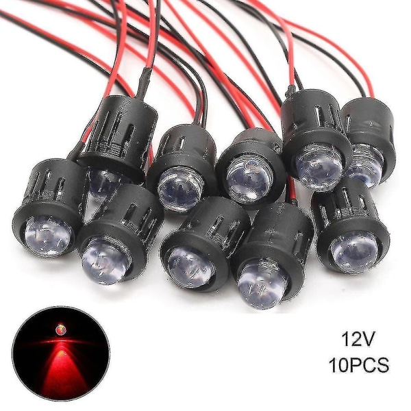 10 kpl/setti 12v 10mm Esijohdotettu Jatkuva LED Ultra Kirkas Vedenkirkas Lamppu Kaapeli 20cm Esijohdotettu LED - Punainen