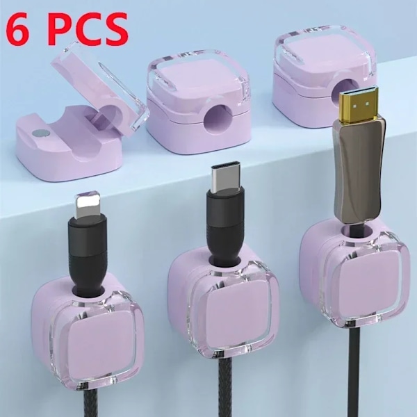 6 stk Magnetiske Kabelorganisering Klips Multifarget Datakabel Kabelarrangør Skrivebord & Veggmonterte Kroker For Telefon Data & Lader (FMY) Purple 6PCS