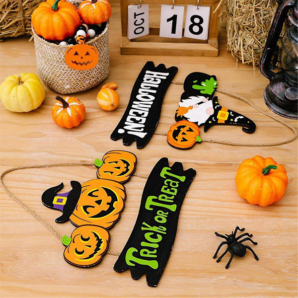 2 kpl Halloween-seinäkoriste, kurpitsa, puinen riipuskoriste, riipus, kurpitsa, tonttu, kyltti (FMY)