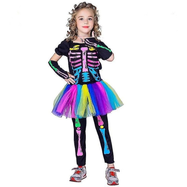 Fargerik skjelettfestkjole for jenter Halloween-kostyme (FMY) 4-6years
