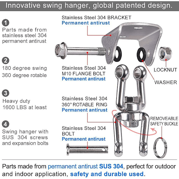 450 kg Kapacitet Kraftiga Gungupphängningar Med Sus304 Rostfritt Stål 360° Rotation, 4 Skruvar För Betong Träset Yoga Hängmatta Stol Sandsäck S(FMY)
