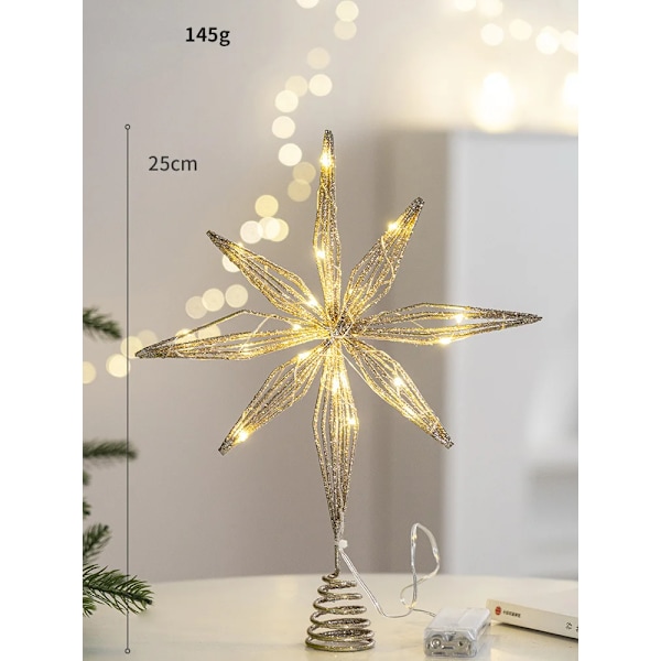 Julgrans Topp Glitter Guld Stjärna Julgrans Topp Upplyst med Varma Vita LED-lampor för Semesterdekoration Fest Inomhus Deko (FMY) 25cm Gold LED