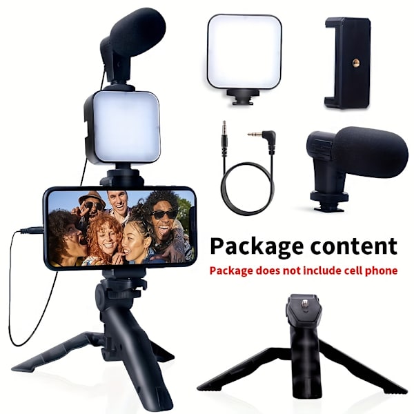 10-tums Tripod-kit för videobloggning för iPhone och Android - LED-lampa, Mini Shotgun-mikrofon, Telefonhållare och Batteridriven Design för (FMY) Black
