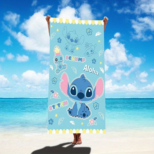 Ny stil 1 stk Disney Stitch trykt håndkle, farget badehåndkle, rektangulært strandhåndkle, mikrofiber hurtigtørkende håndkle (FMY) AL211016145 Microfiber 75*150CM