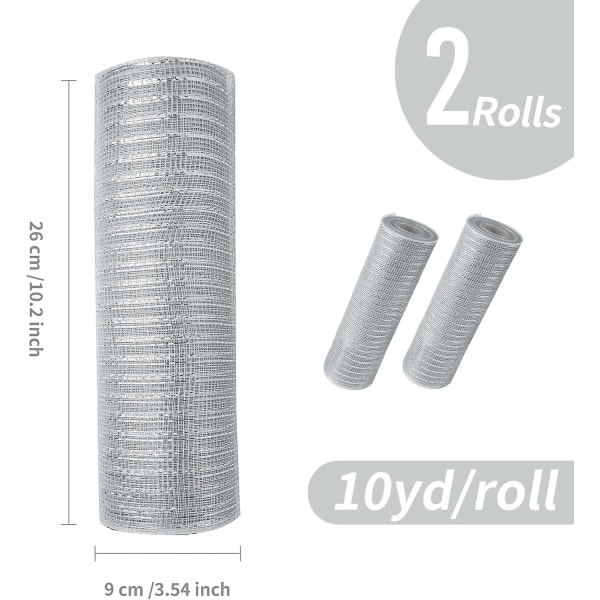2 rullar Grå Silver Deco Mesh Ribbon 10 In X 30 Ft, Basic Metallic Poly Mesh (FMY)