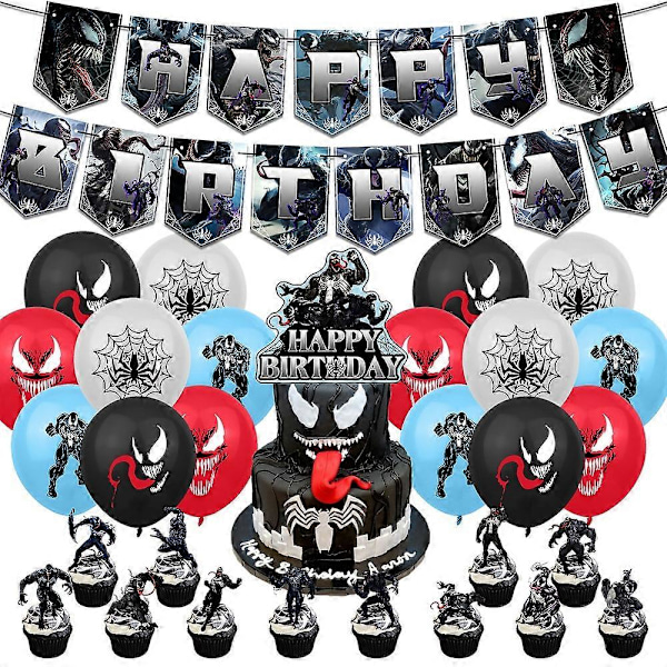 Venom-teemainen syntymäpäiväjuhlatarvikkeet - lippu, ilmapallot, cupcake-kakun koristeet, setti (FMY)