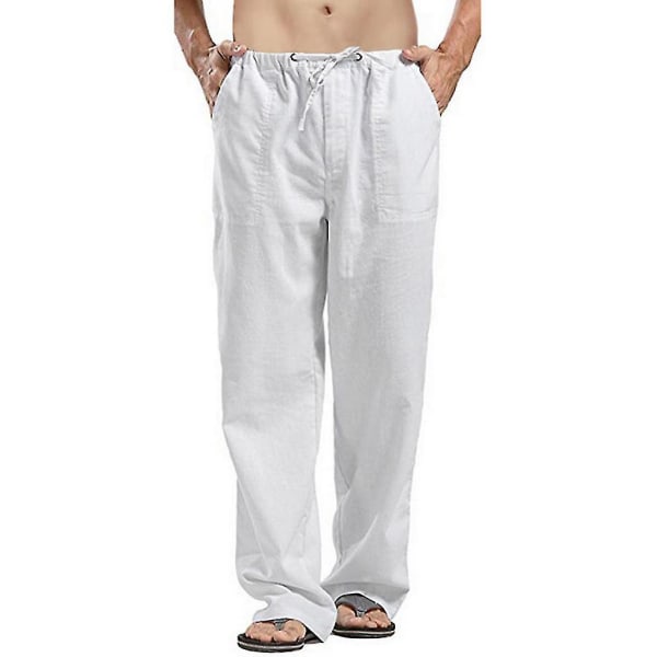 Baggy strandbukser i linned til mænd med brede ben Elastik i taljen Casual løse haremsbukser (FMY) White 4XL