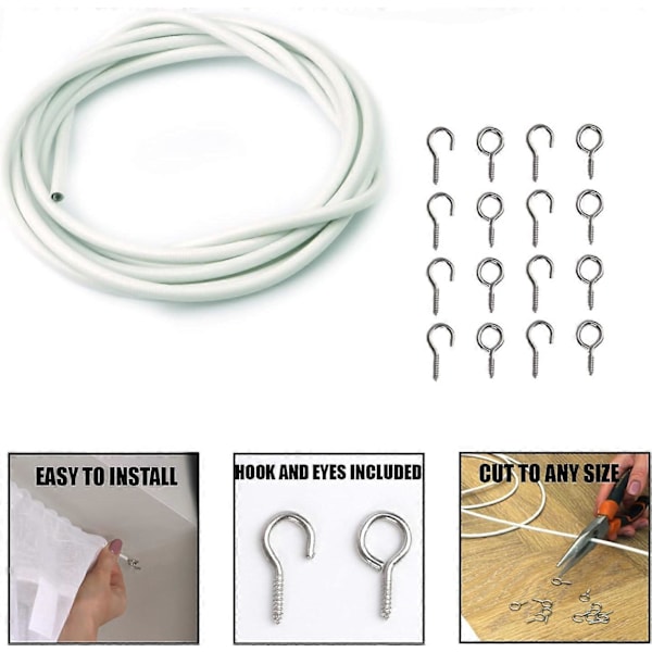 Hvid Vindue Netgardin Tråd Kabel Med 8 Kroge & 8 Øjne (3 Meter Netgardin Tråd + 8 Kroge + 8 Øjne)  (FMY)