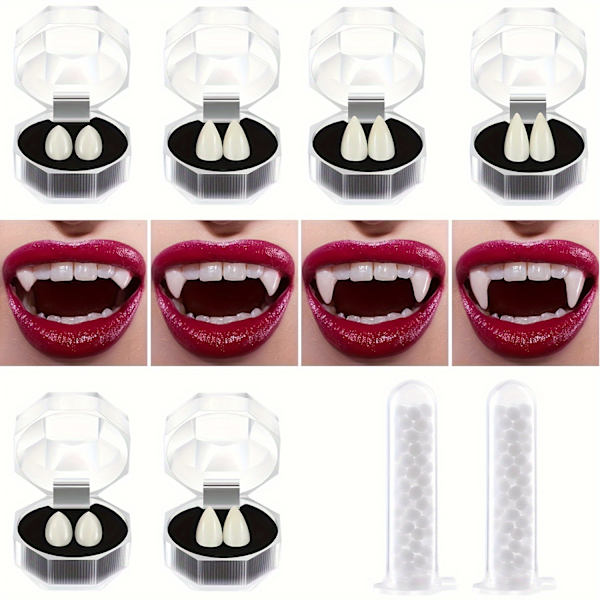 6 Paria Vampyyrihammastetta - Realistiset Vampyyrihampaat Cosplaylle, Halloween-Pukukostimelle, Kauhupuolueen Koristeelle ja Pelottavalle Tarvikkeelle (FMY) 6 Pairs