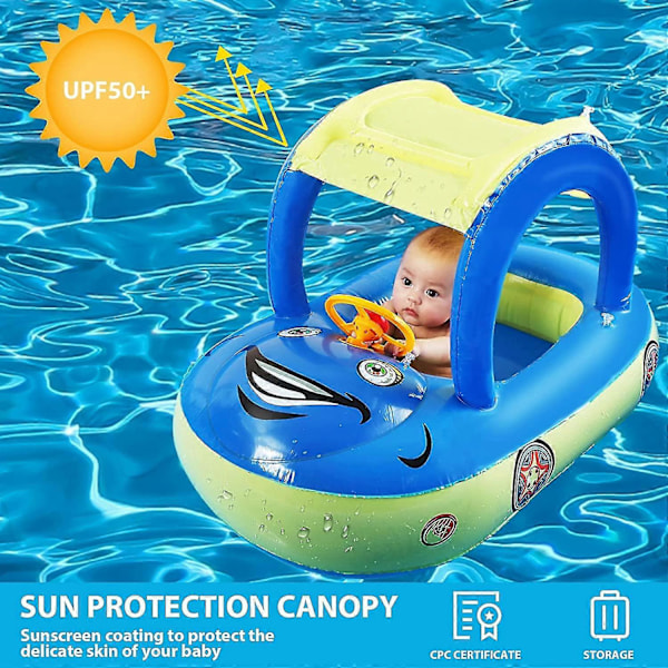 Børnepool Baby Pool Flyder Med Upf 50+ Kaleche, Bilformet Oppustelig Svømme Flyder Med Solskærm Sikkerhedssæde, Baby Svømme Flyder Til Småbørn (FMY)