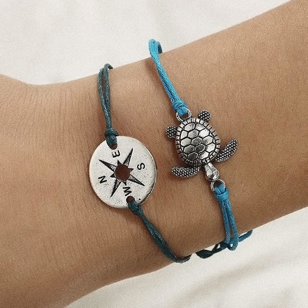 Fotkjede ankel, 2 stk/sett Turtle Hollow Compass Charm Anklet Dame Summer Beach Ankelarmbånd