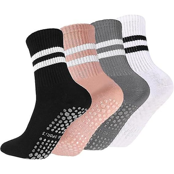 4 Par Trampoline Sokker, Sklisikre Yoga Pilates Sokker, Anti Sklisikre Sokker Med Stripe For Kvinner Og Menn, For Ballet/pilates/yoga  (FMY) white-pink-gray-black 4 Pairs