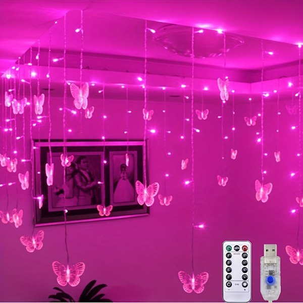 1 stk LED-lyslenke, LED-sommerfugl gardinlys, 21,3 fot/255,9 tommer 8 moduser USB-lader vindu blinkende lyslenke med fjernkontroll, 9  (FMY) Multicolor