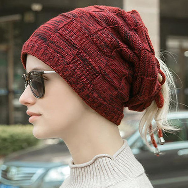 Kvinners Slouch Beanie Lace Up Bun Hestehale Hat Vinter Baggy Skull Cap Varm Casual Balaclava Ski Snø Caps  (FMY) Wine Red