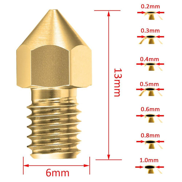 22 kpl tulostimen suuttimet Mk8 suutin 0,2 mm, 0,3 mm, 0,4 mm, 0,5 mm, 0,6 mm, 0,8 mm, 1,0 mm Makerbot Cr-10 3d -tulostimelle (FMY)